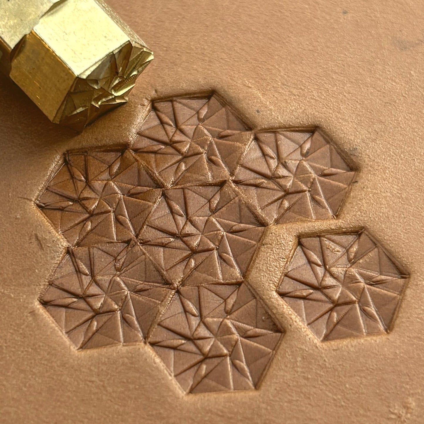 Hex Mosaic Geometric leather stamp LT177 — brass stamping tool with imprint on natural veg-tan leather