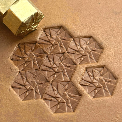 Hex Mosaic Geometric leather stamp LT177 — brass stamping tool with imprint on natural veg-tan leather