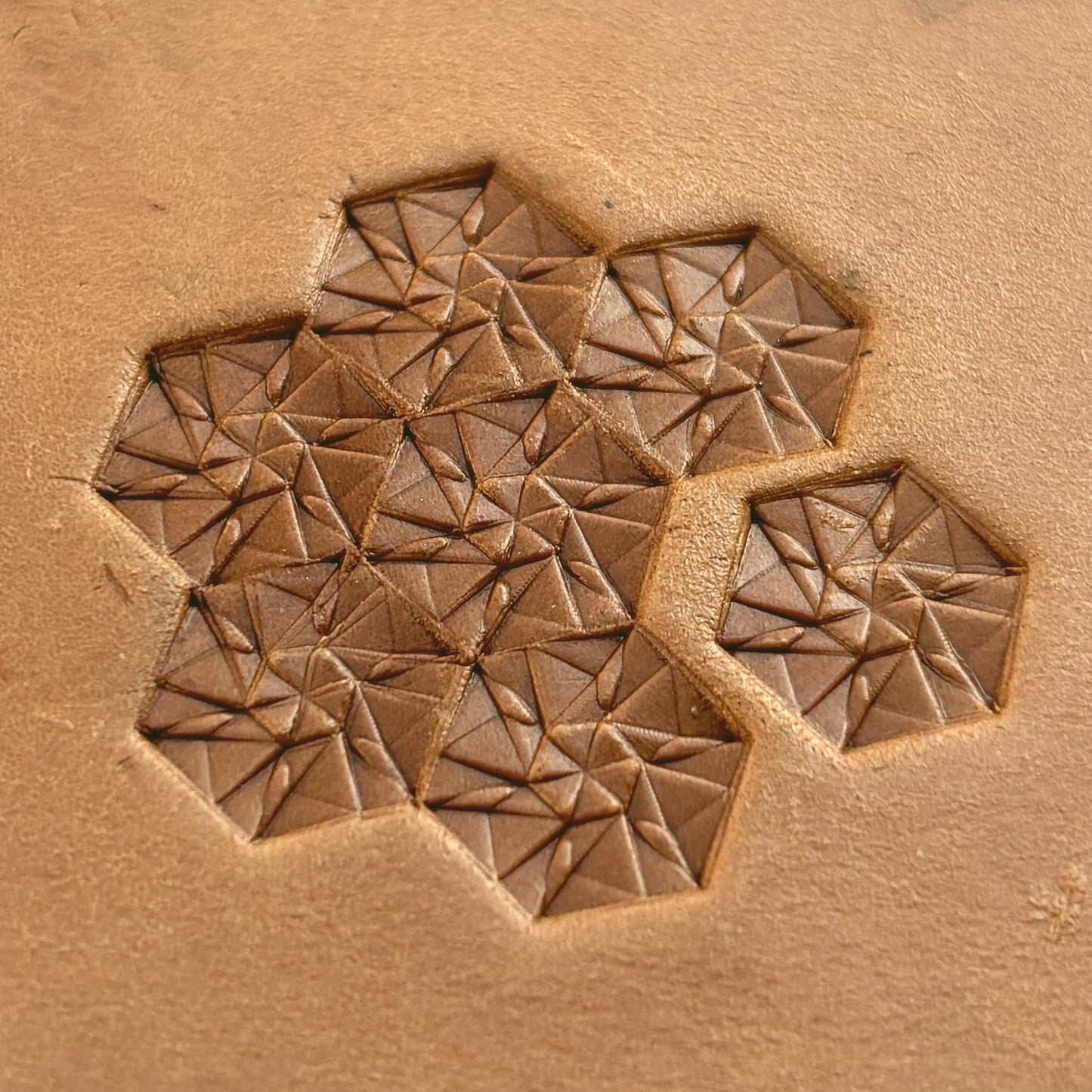 Hex Mosaic Geometric leather stamp LT177 — pattern imprint on veg-tan leather