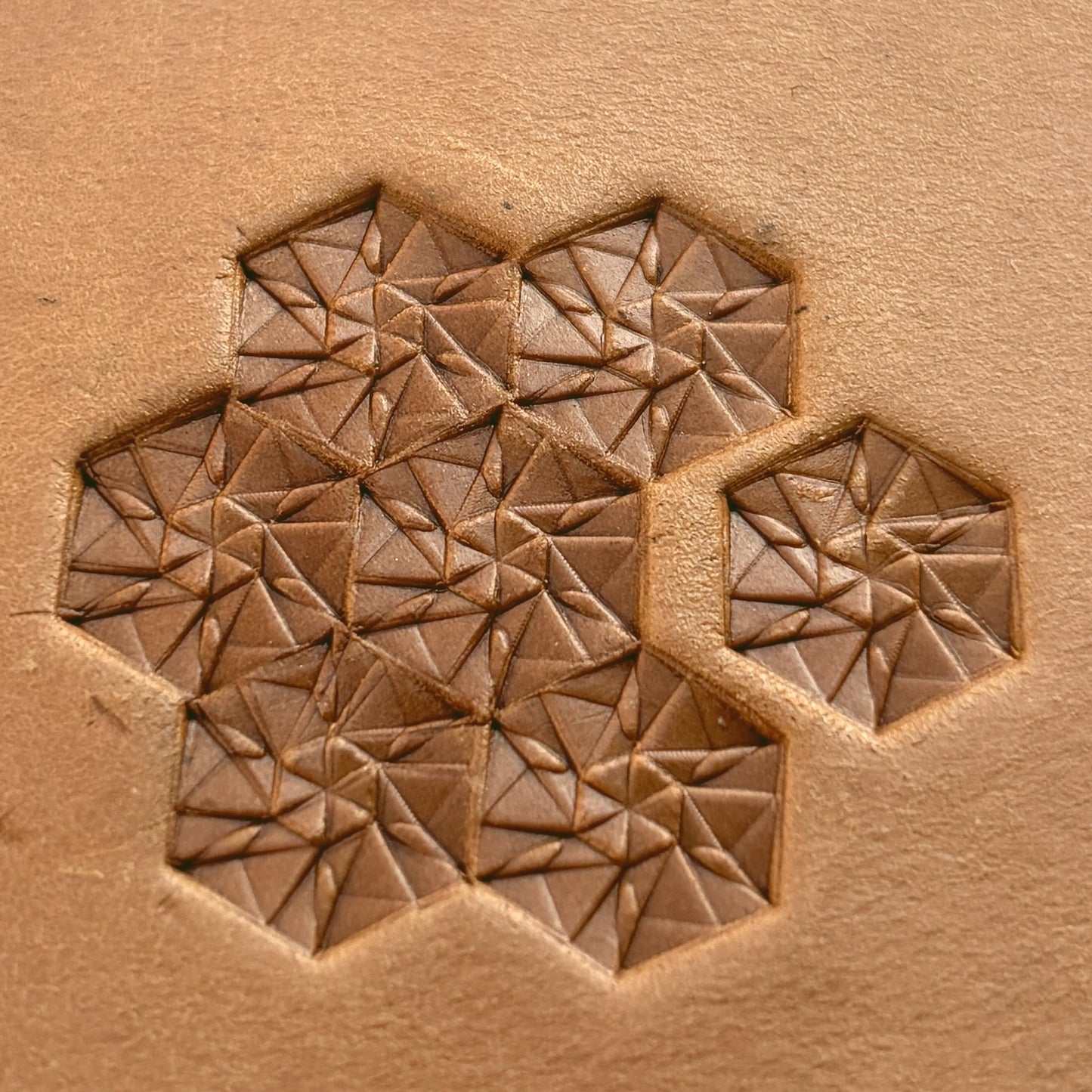 Hex Mosaic Geometric leather stamp LT177 — pattern imprint on veg-tan leather