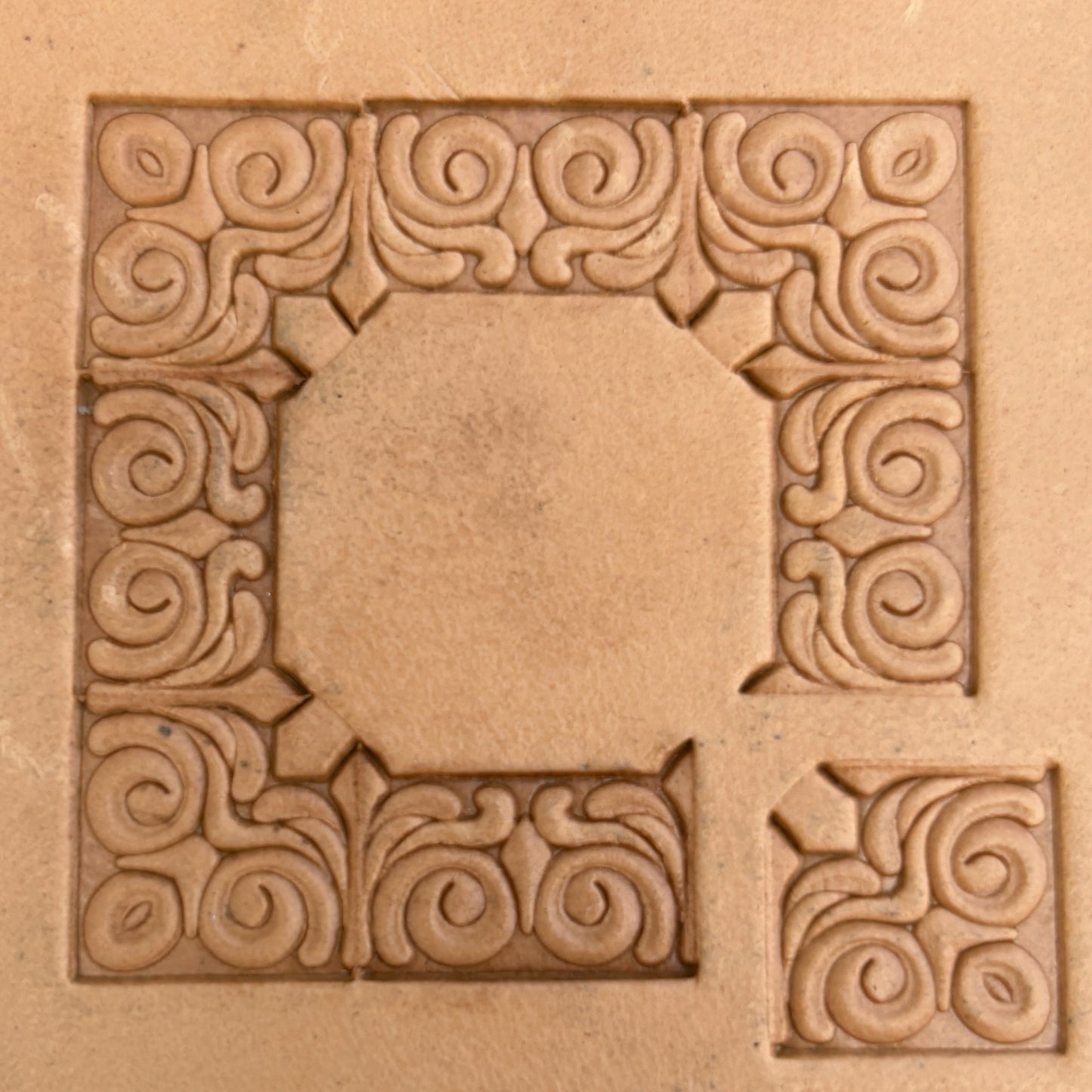 Swirl Border + Corner leather stamp LT178 — pattern imprint on veg-tan leather