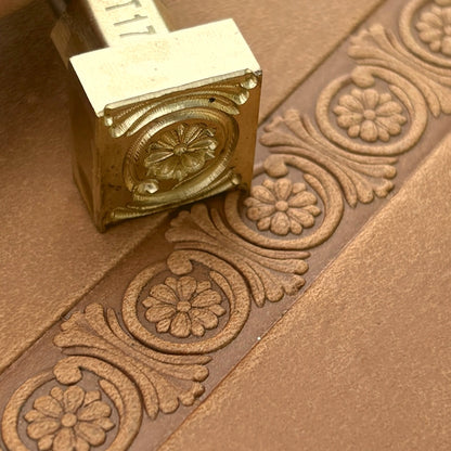 Circular Border Flower leather stamp LT179 — brass stamping tool with imprint on natural veg-tan leather