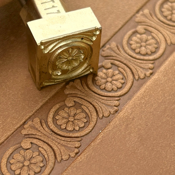 Circular Border Flower leather stamp LT179 — brass stamping tool with imprint on natural veg-tan leather