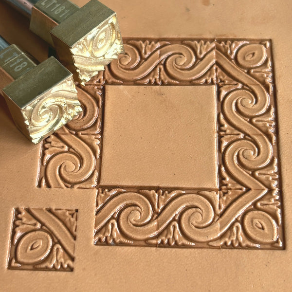 Swirl Border leather stamp LT181 — brass stamping tool with imprint on natural veg-tan leather