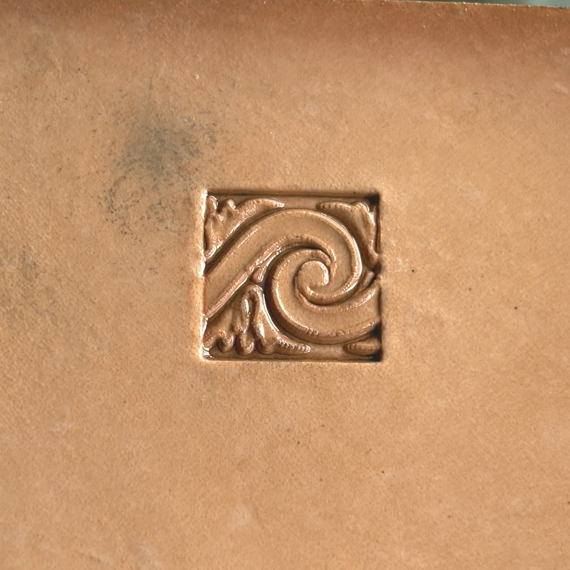Swirl Border leather stamp LT181 — single impression on veg-tan leather