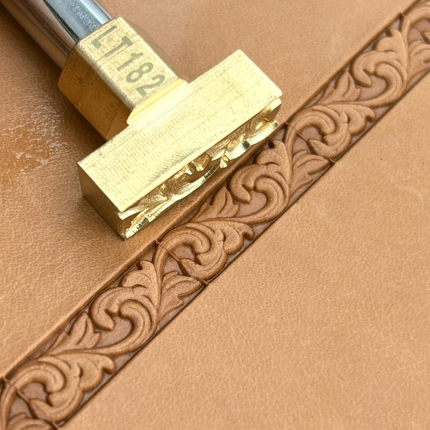 An acanthus scroll border struck in a continuous run along tan leather.