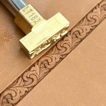 Ornate Border leather stamp LT182 — brass stamping tool with imprint on natural veg-tan leather