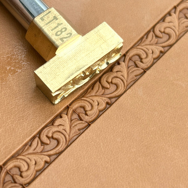 Ornate Border leather stamp LT182 — brass stamping tool with imprint on natural veg-tan leather