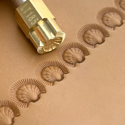 Shell Fan leather stamp LT185 — brass stamping tool with imprint on natural veg-tan leather