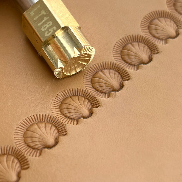 Shell Fan leather stamp LT185 — brass stamping tool with imprint on natural veg-tan leather