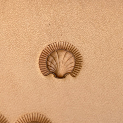 Shell Fan leather stamp LT185 — single impression on veg-tan leather