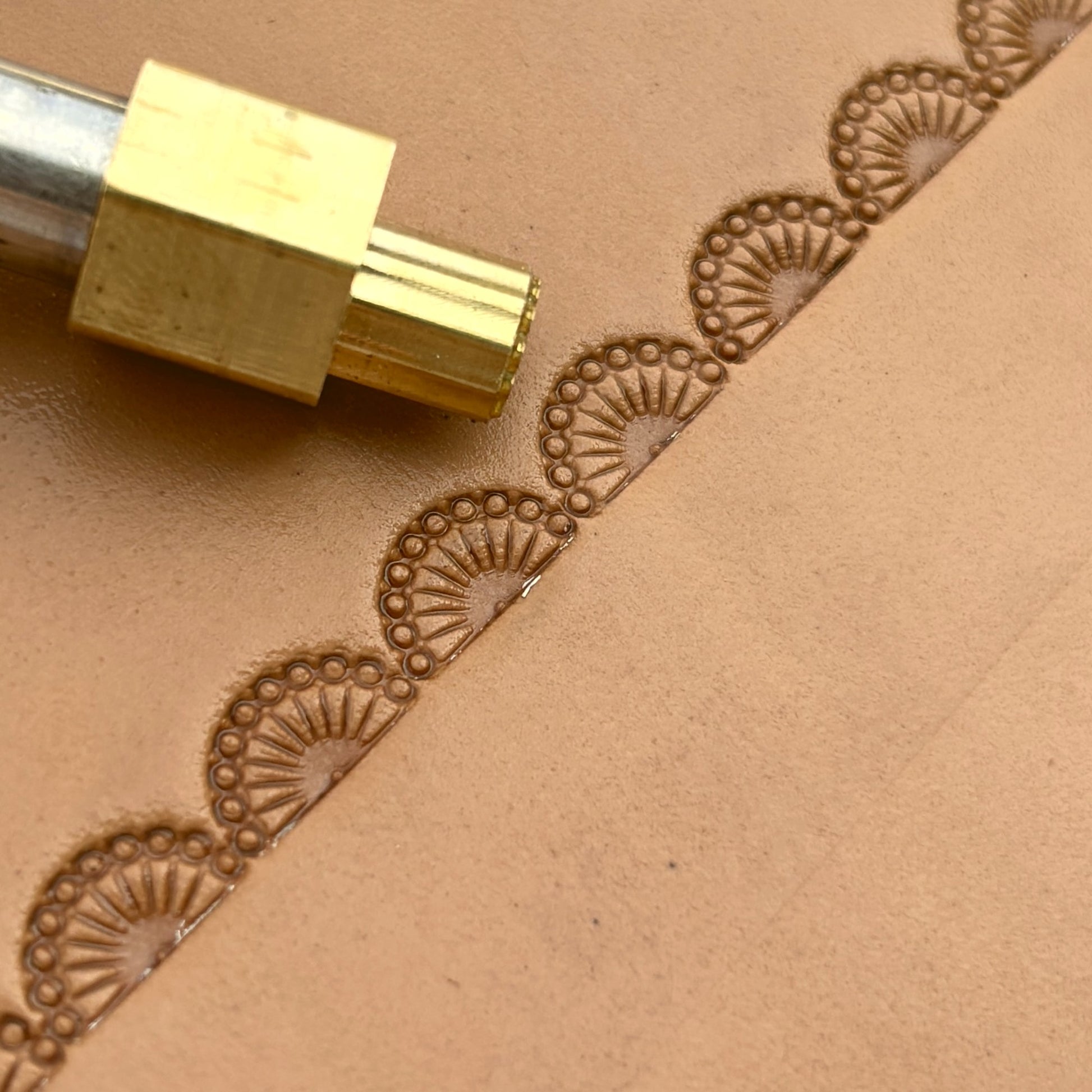 Fan Border leather stamp LT186 — brass stamping tool with imprint on natural veg-tan leather