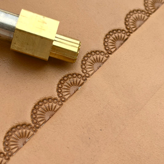 Fan Border leather stamp LT186 — brass stamping tool with imprint on natural veg-tan leather