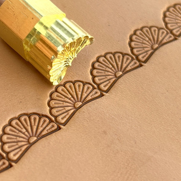 Fan Border leather stamp LT187 — brass stamping tool with imprint on natural veg-tan leather