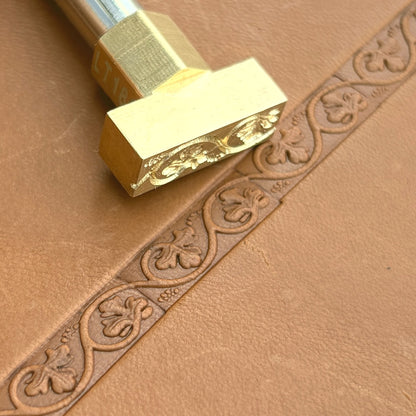 Oak Leaf leather stamp LT188 — brass stamping tool with imprint on natural veg-tan leather
