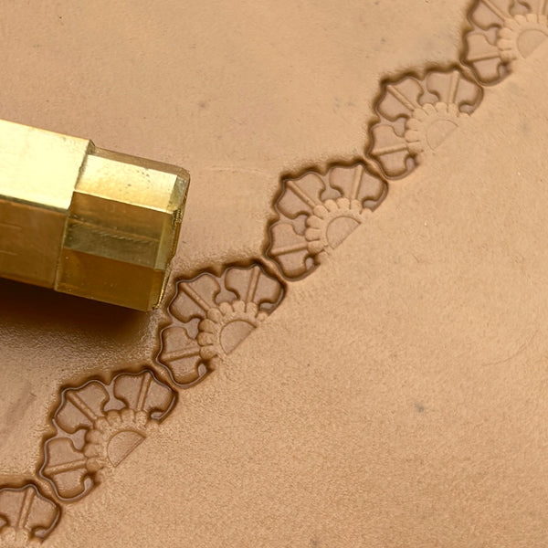 Fan Border leather stamp LT189 — brass stamping tool with imprint on natural veg-tan leather