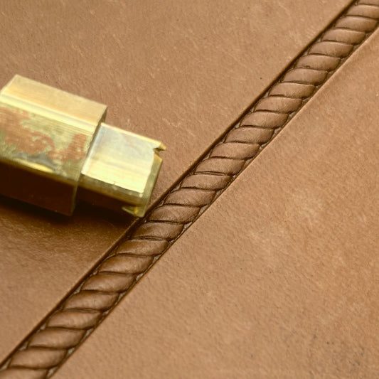 Rope Twist Border leather stamp LT190 — brass stamping tool with imprint on natural veg-tan leather
