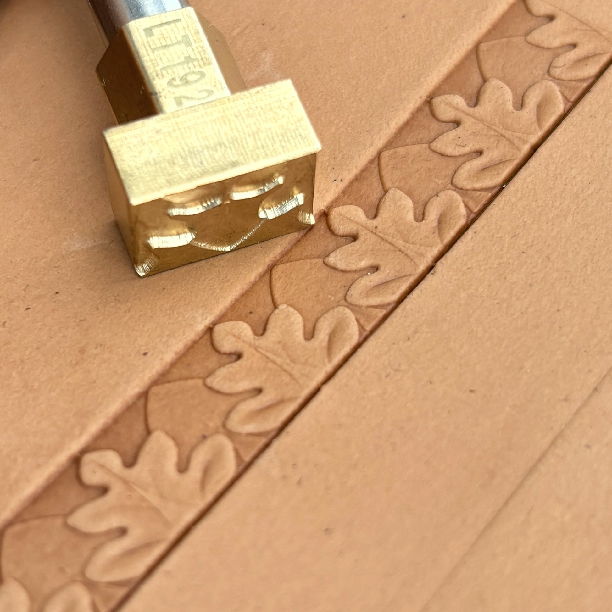 Oak Leaf leather stamp LT192 — brass stamping tool with imprint on natural veg-tan leather