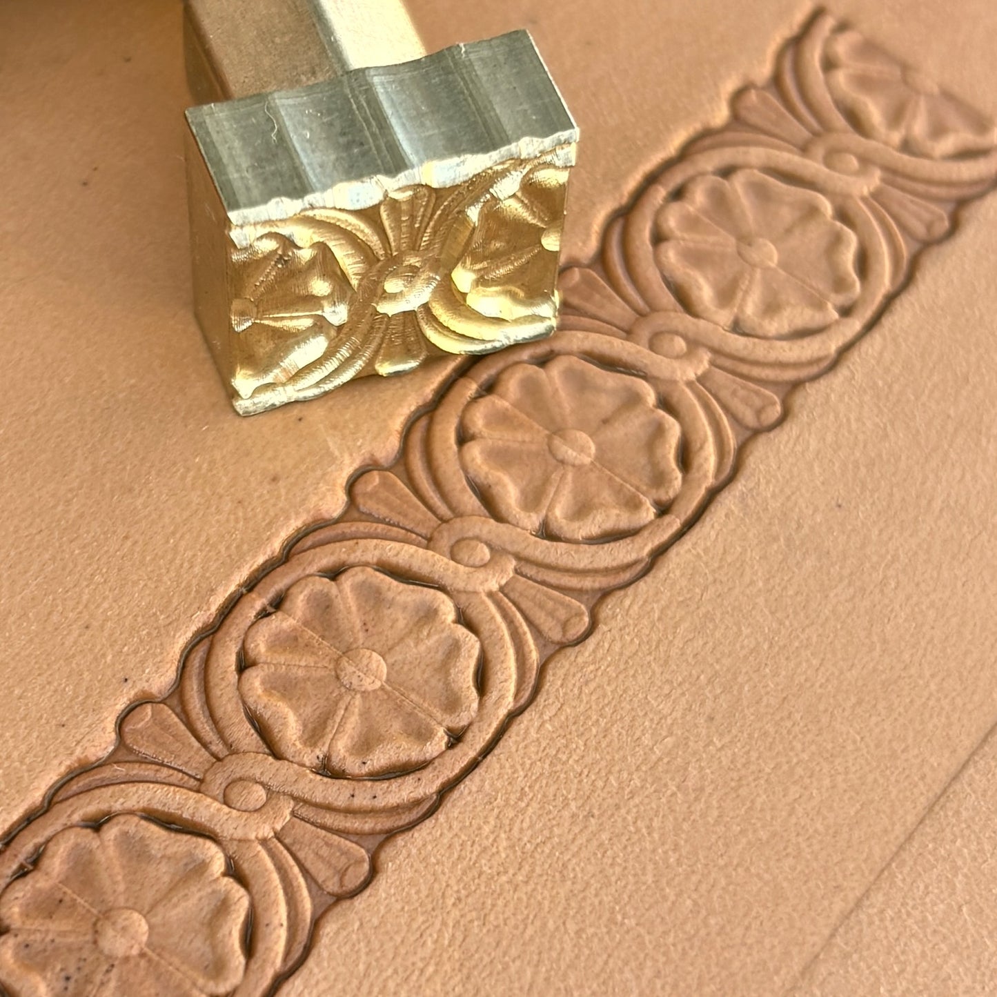 Floral Border leather stamp LT194 — brass stamping tool with imprint on natural veg-tan leather