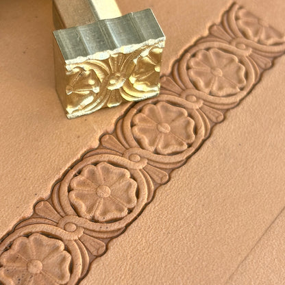 Floral Border leather stamp LT194 — brass stamping tool with imprint on natural veg-tan leather