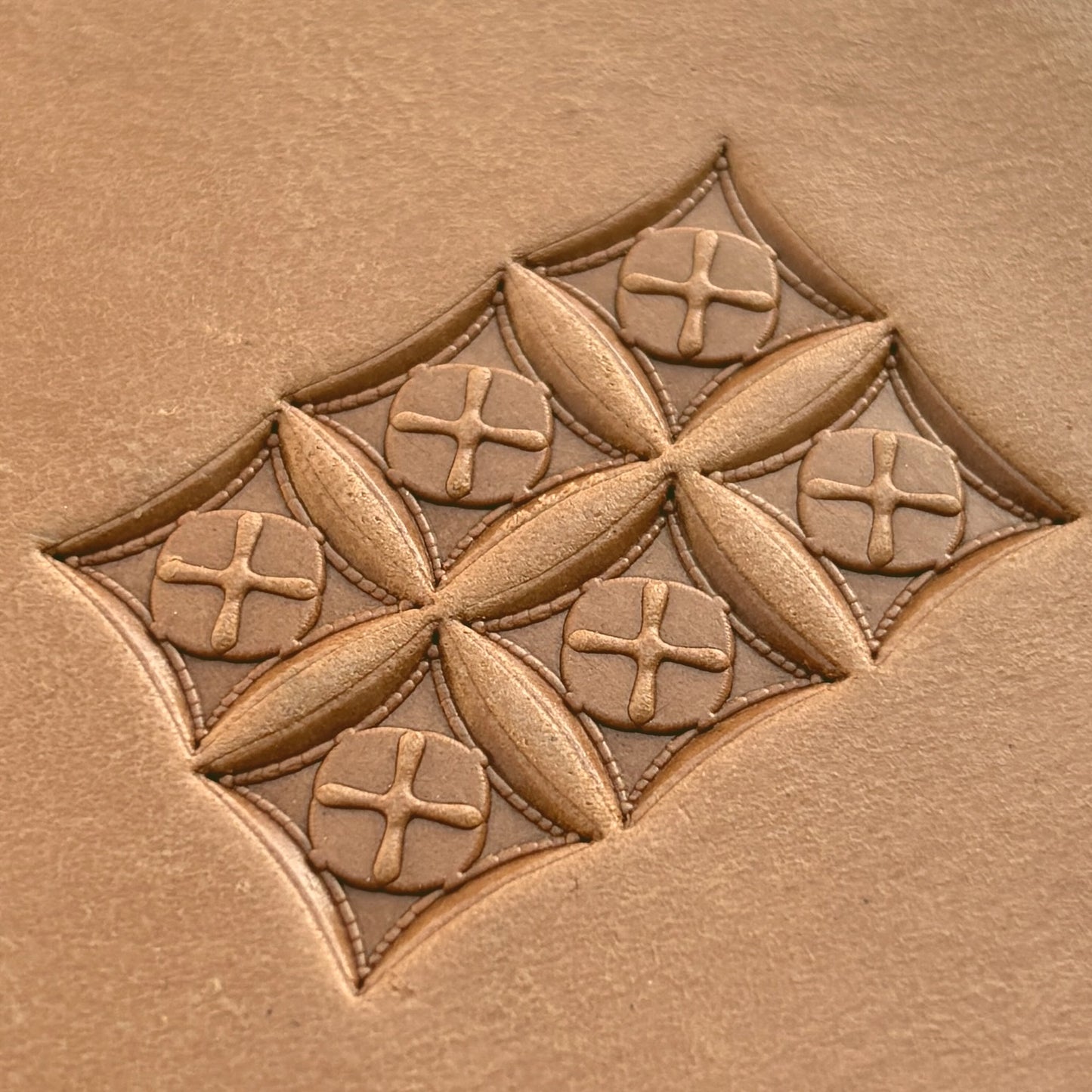 Stitched Cross leather stamp LT198 — pattern imprint on veg-tan leather
