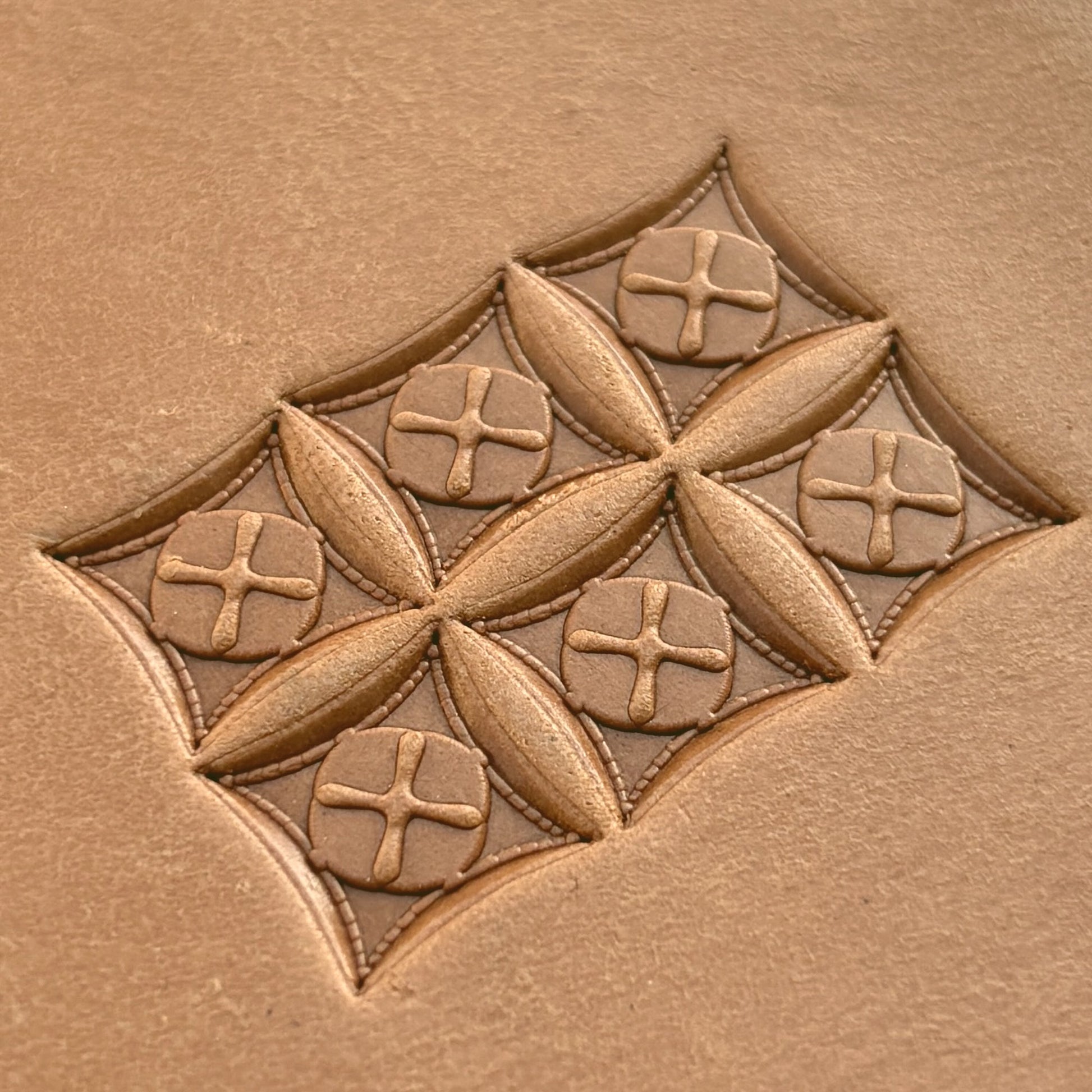 Stitched Cross leather stamp LT198 — pattern imprint on veg-tan leather