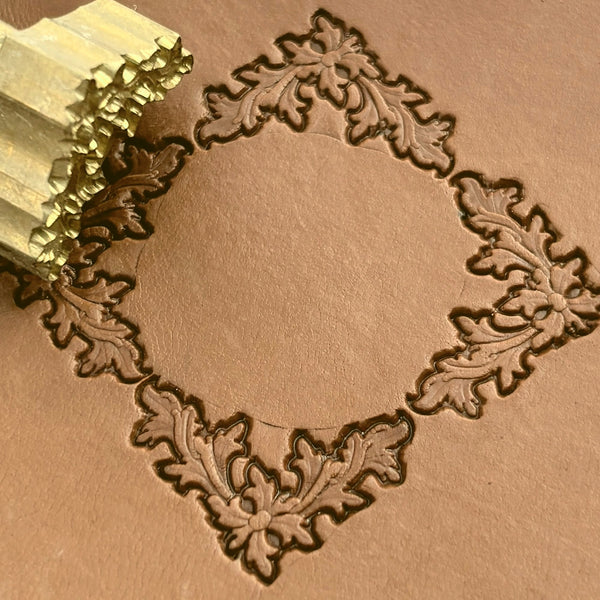 Border Frame Oak Leaf leather stamp LT199 — brass stamping tool with imprint on natural veg-tan leather