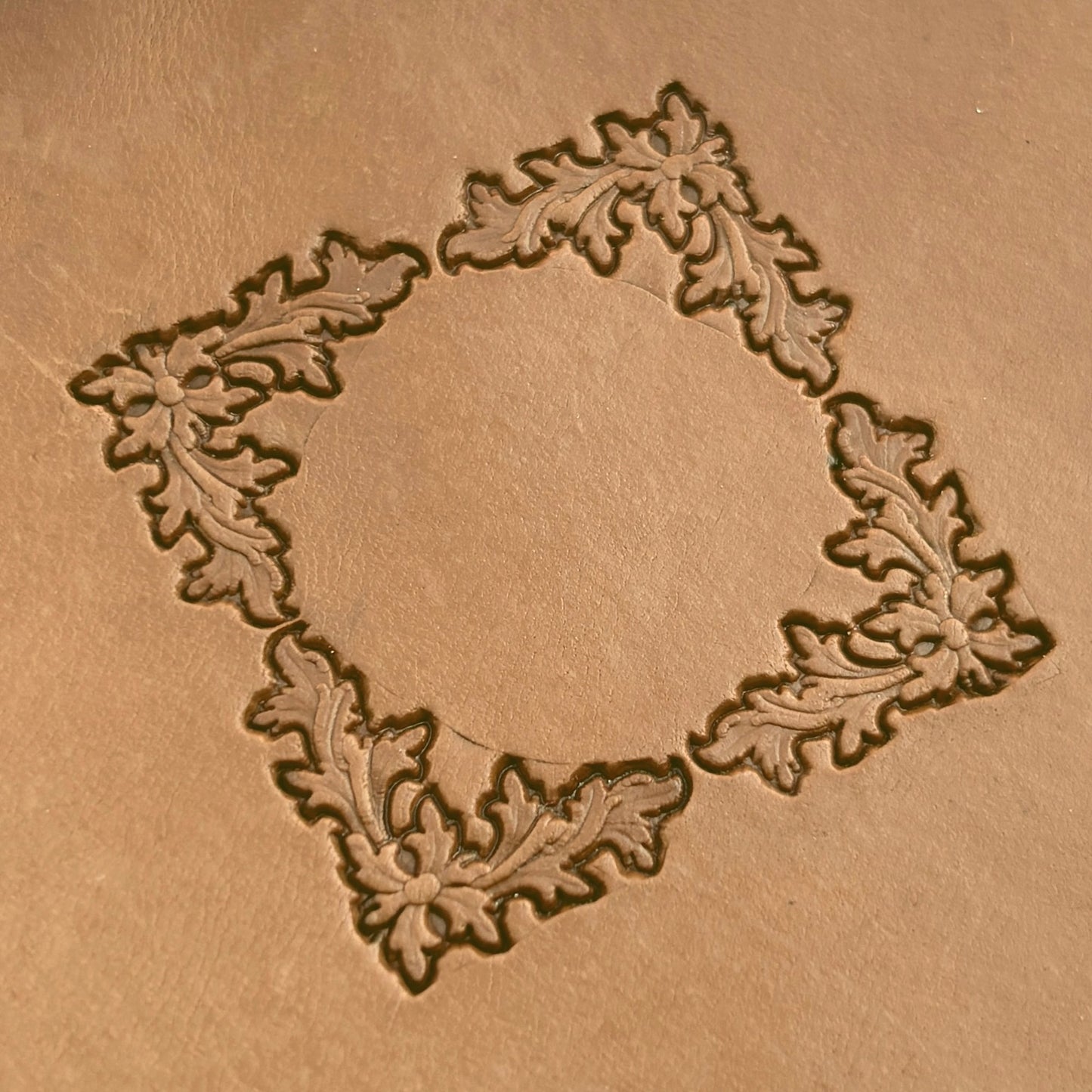 Border Frame Oak Leaf leather stamp LT199 — pattern imprint on veg-tan leather