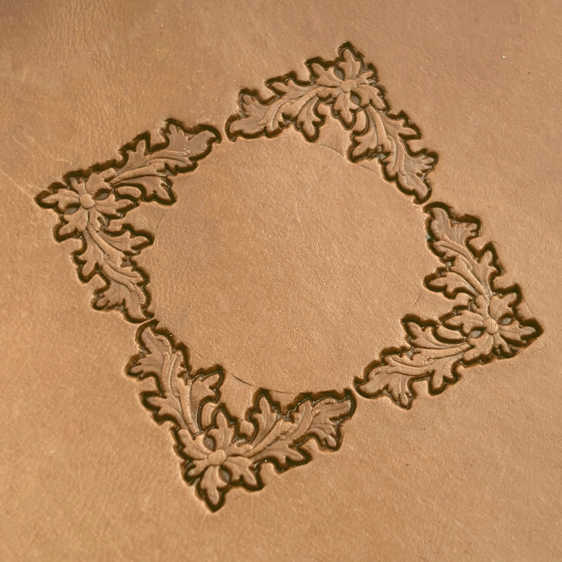 Border Frame Oak Leaf leather stamp LT199 — pattern imprint on veg-tan leather