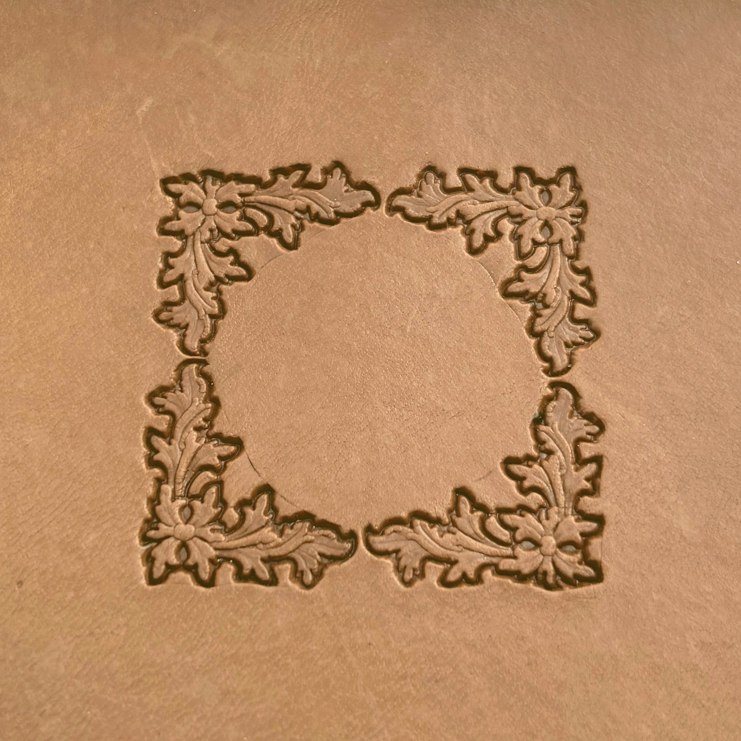 Border Frame Oak Leaf leather stamp LT199 — pattern imprint on veg-tan leather