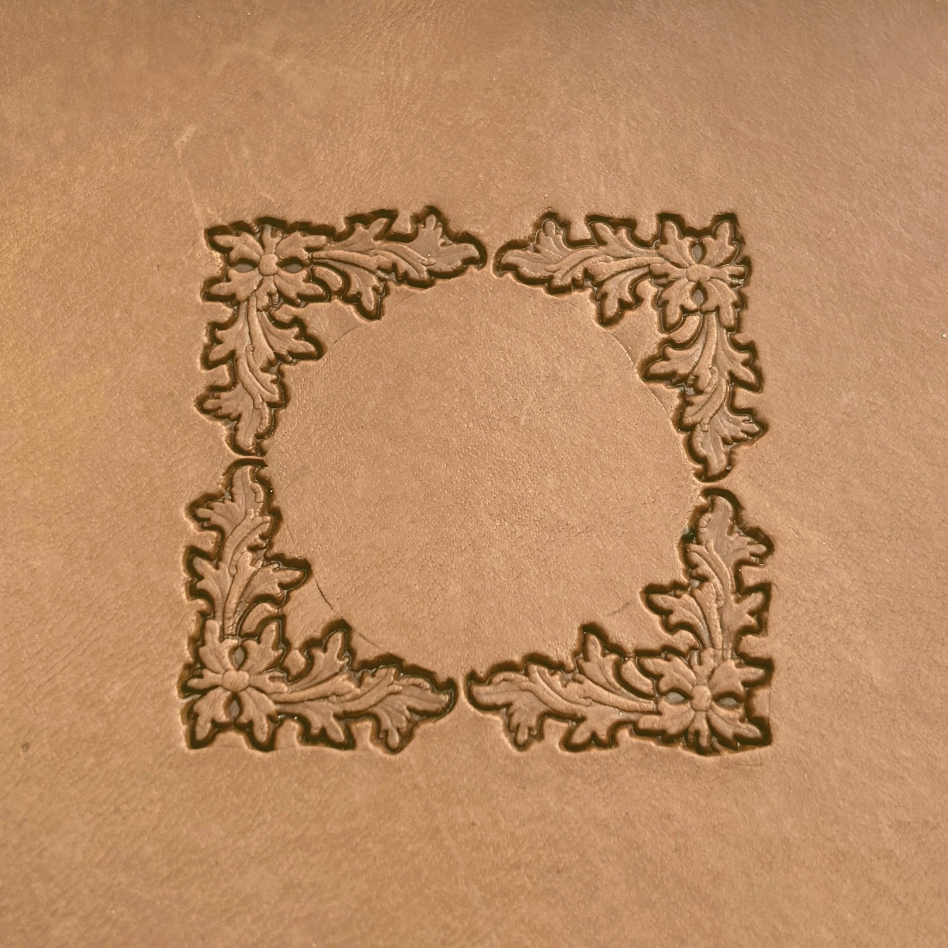 Border Frame Oak Leaf leather stamp LT199 — pattern imprint on veg-tan leather