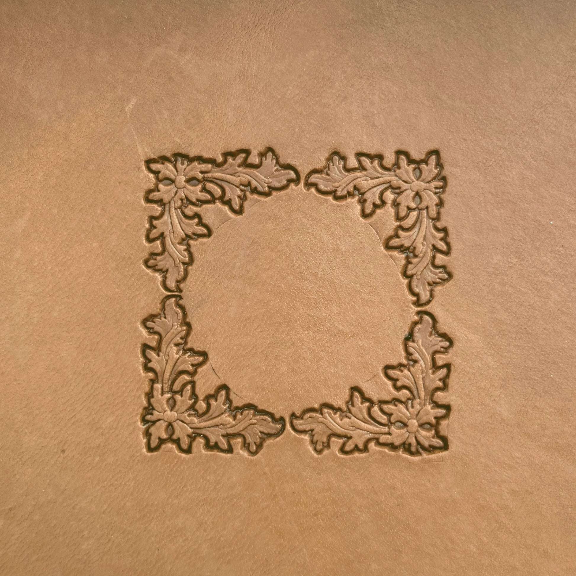 Border Frame Oak Leaf leather stamp LT199 — pattern imprint on veg-tan leather