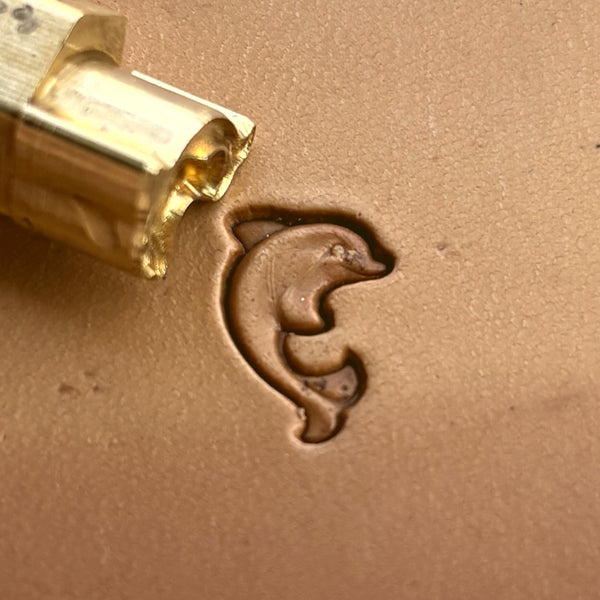 Dolphin leather stamp LT201 — brass stamping tool with imprint on natural veg-tan leather