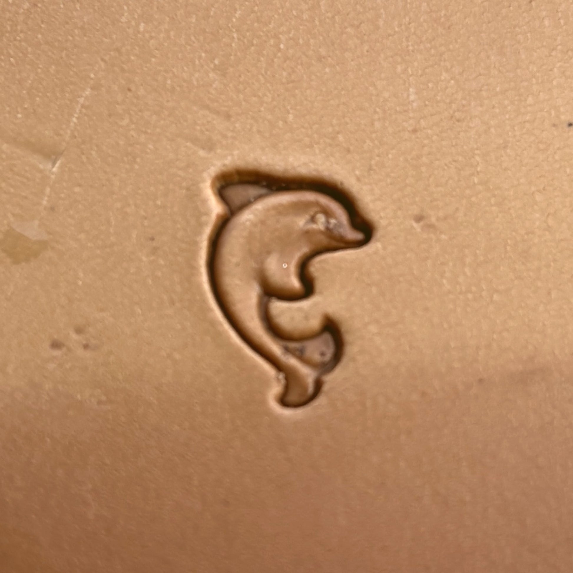 Dolphin leather stamp LT201 — single impression on veg-tan leather