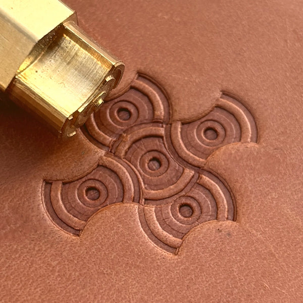 Concentric Cross Geometric leather stamp LT202 — brass stamping tool with imprint on natural veg-tan leather