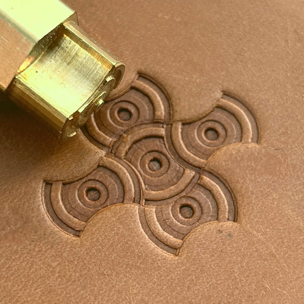 Concentric Cross Geometric leather stamp LT202 — brass stamping tool with imprint on natural veg-tan leather