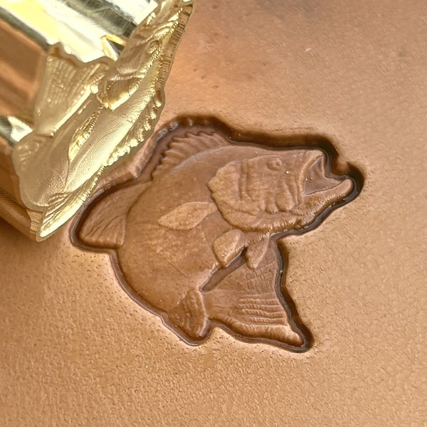 Fish leather stamp LT203 — brass stamping tool with imprint on natural veg-tan leather