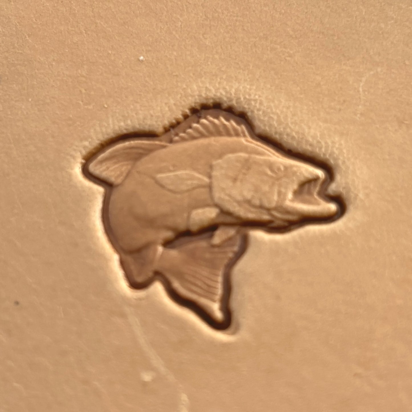 Jumping Bass Fish leather stamp LT203 — brass stamping tool with imprint on natural veg-tan leather