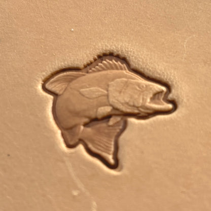 Jumping Bass Fish leather stamp LT203 — brass stamping tool with imprint on natural veg-tan leather