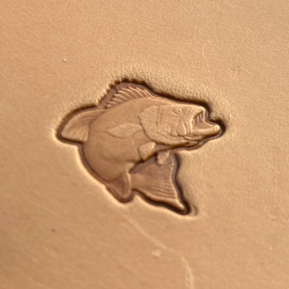 Jumping Bass Fish leather stamp LT203 — single impression on veg-tan leather