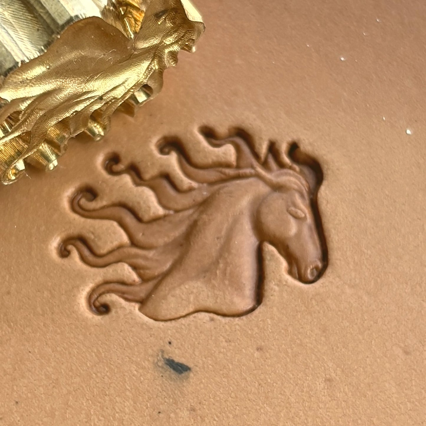 Horse leather stamp LT204 — brass stamping tool with imprint on natural veg-tan leather