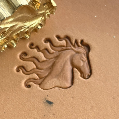 Horse leather stamp LT204 — brass stamping tool with imprint on natural veg-tan leather