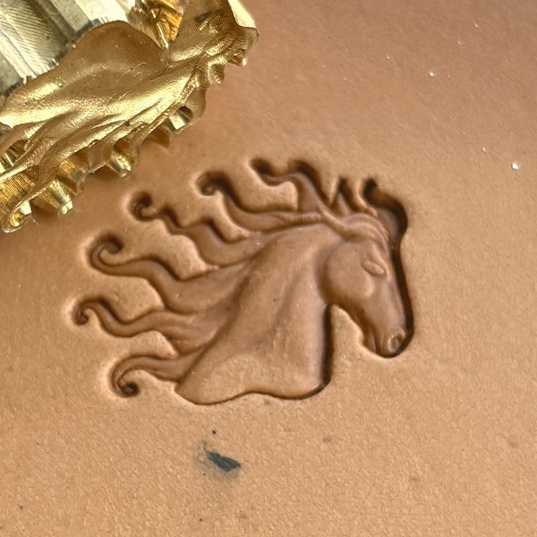 Horse leather stamp LT204 — brass stamping tool with imprint on natural veg-tan leather