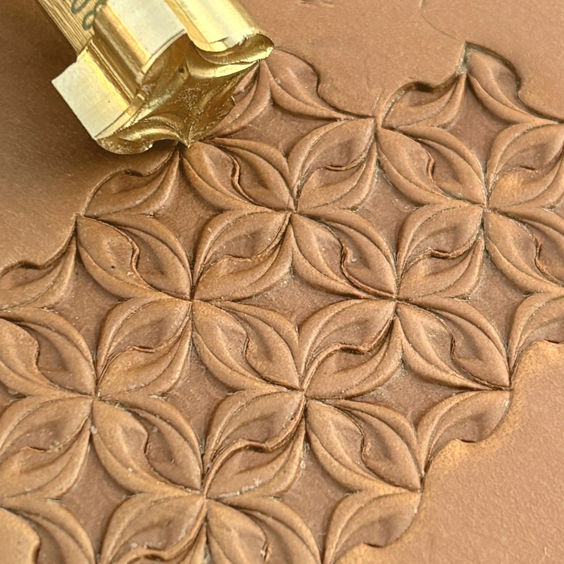 Petal Geometry leather stamp LT208 — brass stamping tool with imprint on natural veg-tan leather