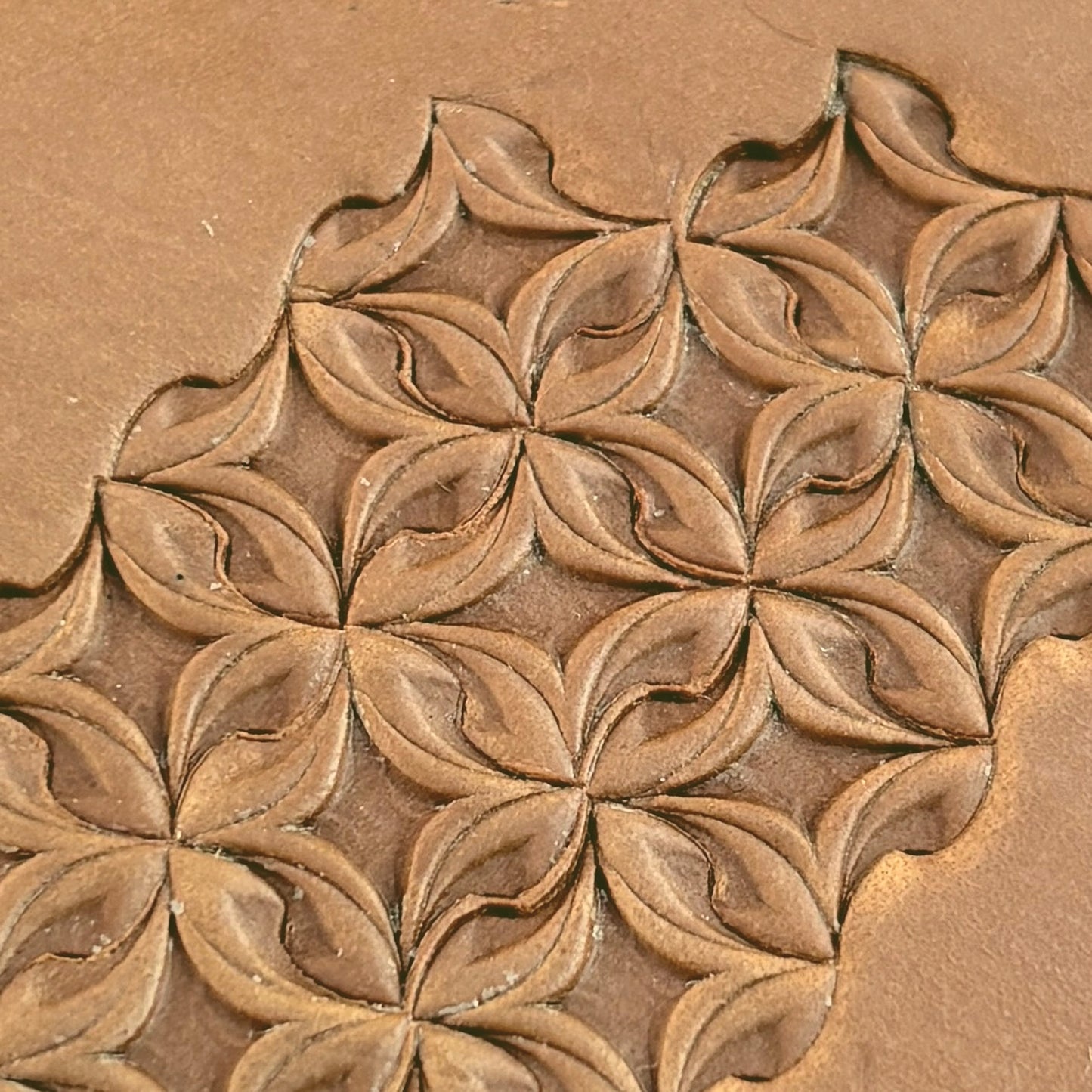 Petal Geometry leather stamp LT208 — pattern imprint on veg-tan leather