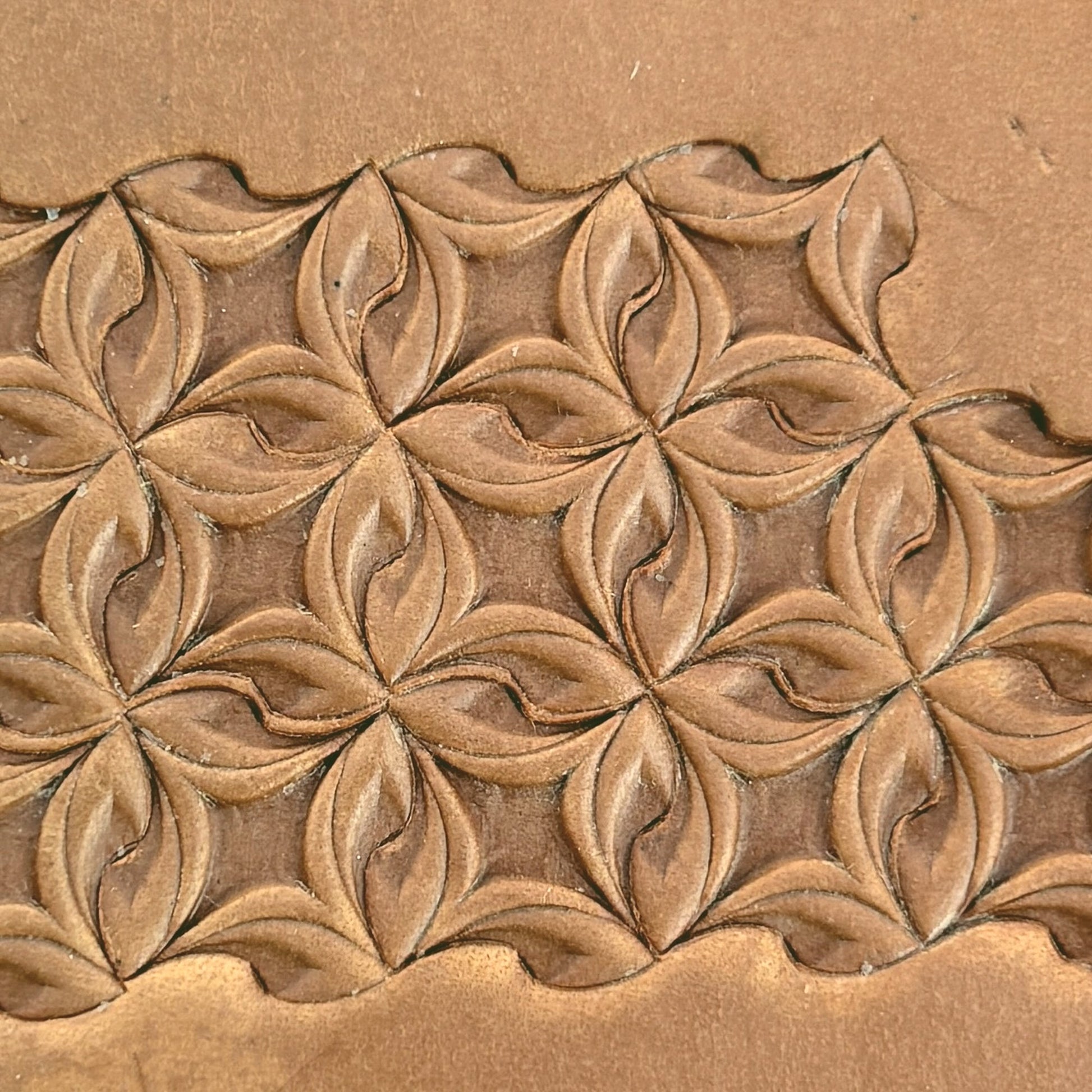 Petal Geometry leather stamp LT208 — pattern imprint on veg-tan leather