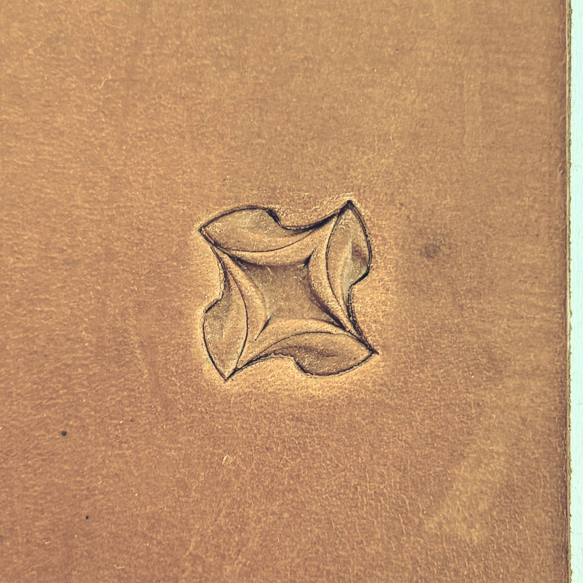Petal Geometry leather stamp LT208 — single impression on veg-tan leather