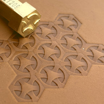 Geometric leather stamp LT209 — brass stamping tool with imprint on natural veg-tan leather