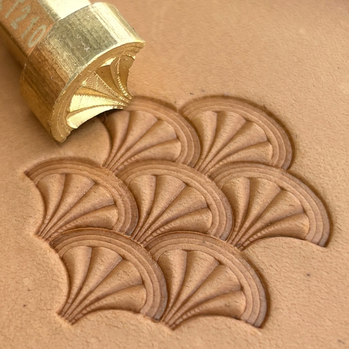 Fan Scallop leather stamp LT210 — brass stamping tool with imprint on natural veg-tan leather