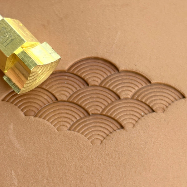 Seigaiha Waves 1 leather stamp LT211 — brass stamping tool with imprint on natural veg-tan leather